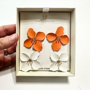 NEW House of Harlow Floral Earrings White Coral Rhinestone Glass Gold Tone